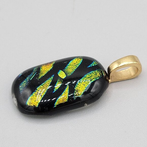 Dichroic Glass Pendant With Gold Tone Bail Shiny Glittery Green Black - Picture 3 of 7